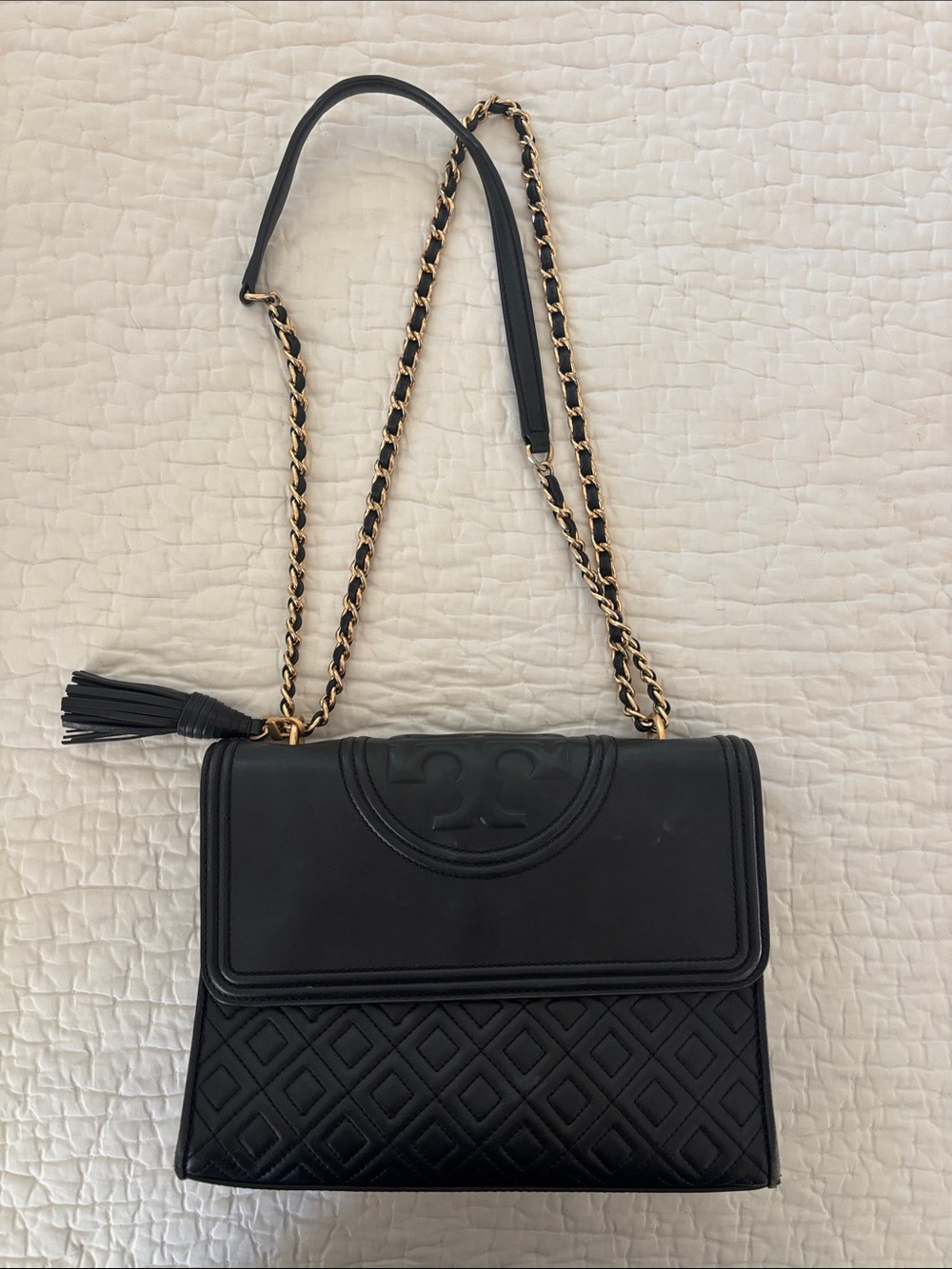 Tory Burch Black Quilted Fleming Shoulder Bag with Tassel